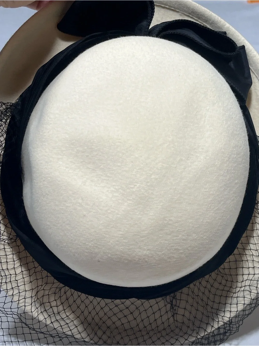 Vintage White Wool Felt Cocktail Hat Black Veil Bow USA Church Wedding